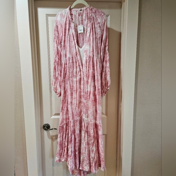 Free People Edie Maxi Dress LS Button Front Tiered Pleated Washed Rose XS NWT - Picture 15 of 16